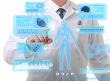 Male doctor working on a futuristic touchscreen display